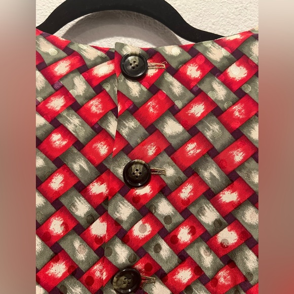 VTG 80s Bill Blass Silk Strong Shoulder Top Red Green Woven Print Knit Hem Cuffs - Picture 7 of 12
